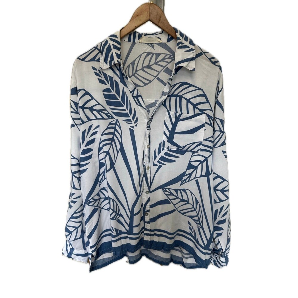Ocean Drive Hawaiian Tropical Leaves Long Sleeve Button Down Collar Shirt M